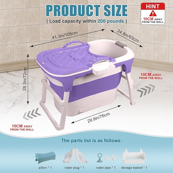 Portable Bathtub Foldable Bathtub for Adults, 39 Inch Small Tub with Ergonomic Seat & Massage Roller, Ice Bath Tub for Shower, Sitz Bath, Ice Baths Freestanding Bathtubs for Bathroom Purple
