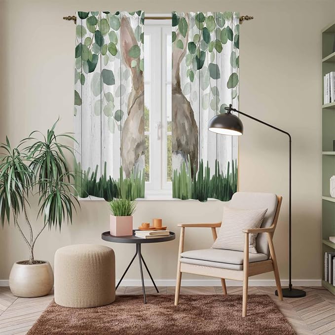 Easter Kitchen Curtains, Country Rabbit Botanical Leaves Wooden Grain Light - Image 7