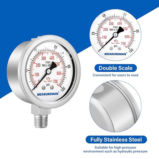 MEASUREMAN Pressure Gauge 1/4 NPT, 0-100psi/kPa Fully Stainless Steel Hydraulic - Image 4