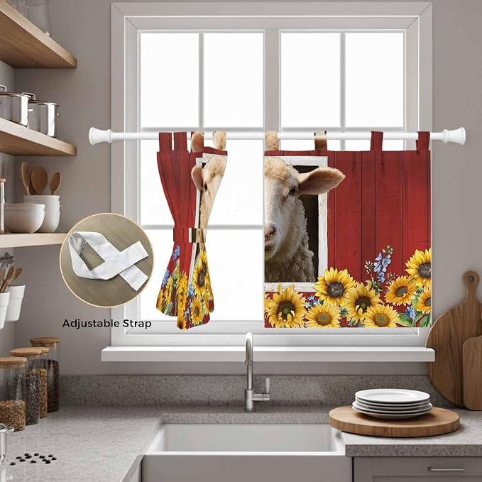 Sheep Sunflower Kitchen Curtains 24 Inch Length, Small Window Curtains Tab Top - Image 5