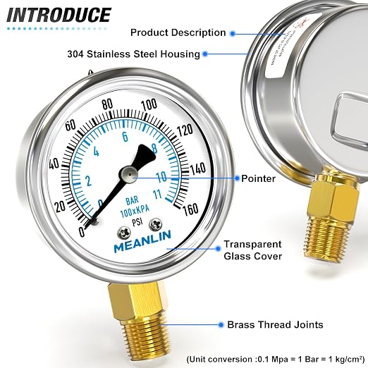 MEANLIN MEASURE 0~160Psi Dry Pressure Gauge Stainless Steel 1/4" NPT 2" FACE - Image 4