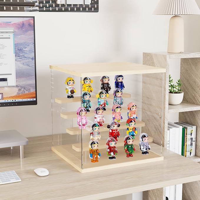 Choowin 5 Tier Clear Acrylic Lighted Display Case for Collectibles, Mini Figures, Pop Mart, Labubu, Sonny Angel, Smiski - Assemble Dustproof Display Box with Door, Stand (Wood Top Base, Clear Step)