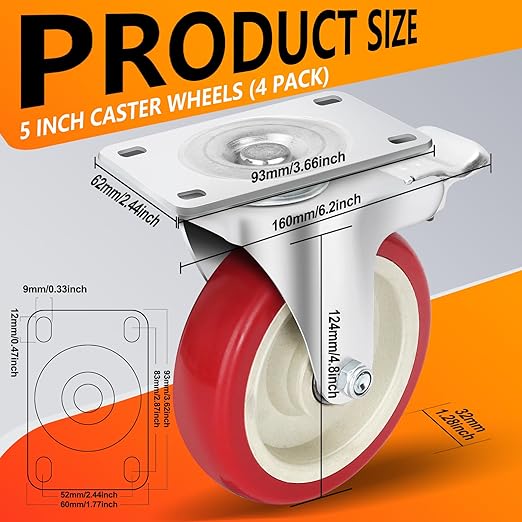5 Inch Heavy Duty Caster Set of 4, Swivel Plate Castor Wheels - Image 2