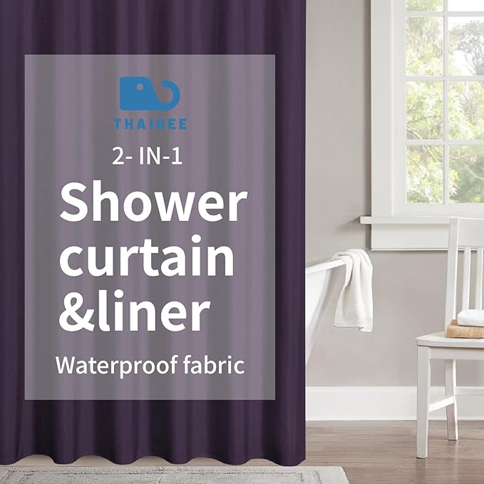 2-in-1 Waterproof Fabric Shower Curtain or Liner,Linen Textured,Breathable TPU & Washable Bathroom Shower Curtain Set with 12 Plastic Hooks,Modern,72"x72" Purple