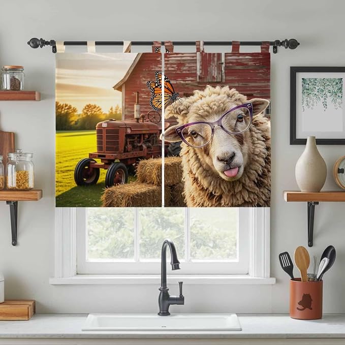 Farm Sheep Kitchen Curtains 45 Inch Length, Short Cafe Window Curtains Tab Top - Image 3