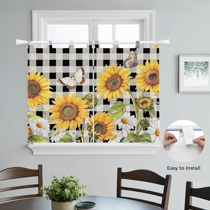 Sunflowers Kitchen Curtains 45 Inch Length, Short Cafe Window Curtains Tab Top - Image 4