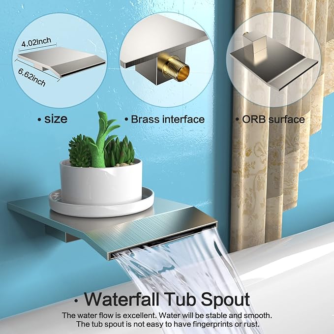 Rain Shower System 12 inch Shower Faucet Set with Tub Spout,Bathroom Wall Mounted Waterfall Shower Head Faucet Sets Complete with Handheld Spray,Rough-in Valve Body and Trim kit,Brushed Nickel
