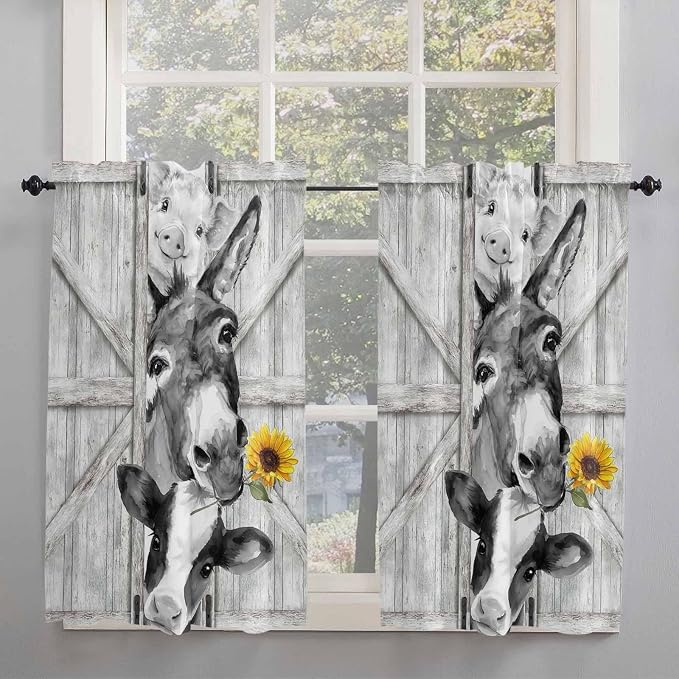 Grey Farmhouse Kitchen Curtains 45 Inches Length, Vintage Sunflowers Animals - Image 2