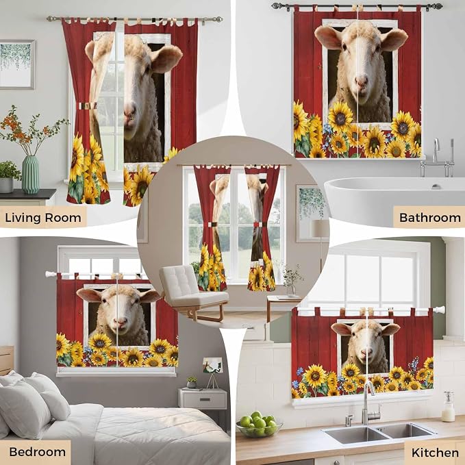 Sheep Sunflower Kitchen Curtains 36 Inch Length, Small Window Curtains Tab Top - Image 7