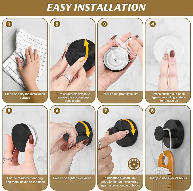 BKV Suction Cup Hooks for Glass Window,Removable Shower Hooks for Inside Shower,Metal Towel Hooks for Bathrooms,6 Pack(Black)