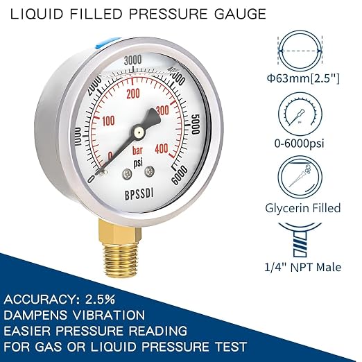 0-6000 Psi Glycerin Liquid Filled Hydraulic High Pressure Gauge, 2.5" Dial Size - Image 2