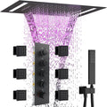 Multi Full Body Thermostatic Luxury Spa Shower System And 14x20 Inch LED 4 Functions Faucet Set, Rainfall Spray Waterfall Can Be Turned On Simultaneously,Matte Black