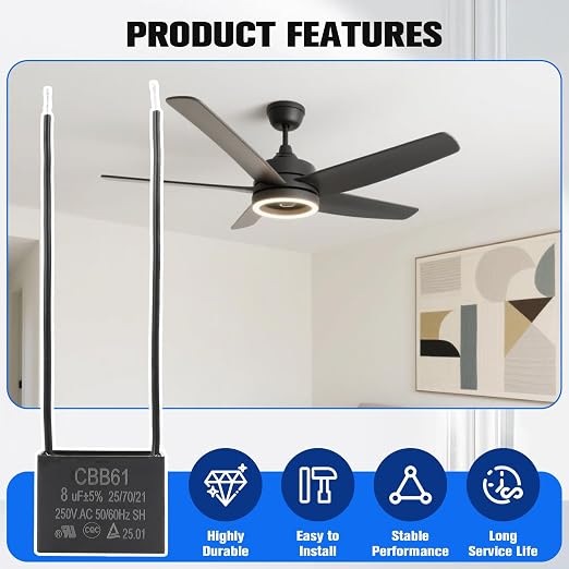 Podoy Ceiling Fan Capacitor CBB61 8uf 2 Wire - Image 5