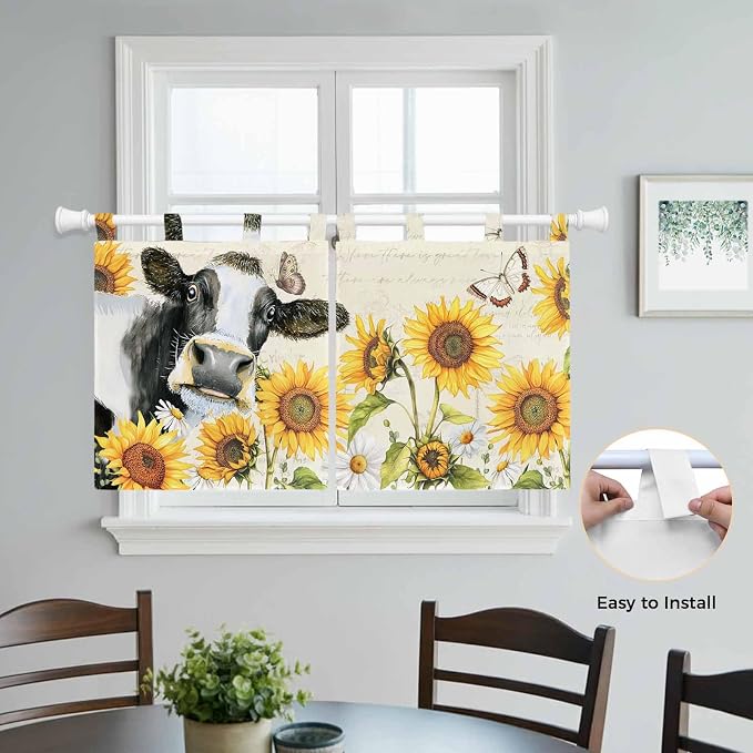 Yellow Sunflowers Kitchen Curtains 24 Inch Length, Small Window Curtains Tab Top - Image 4