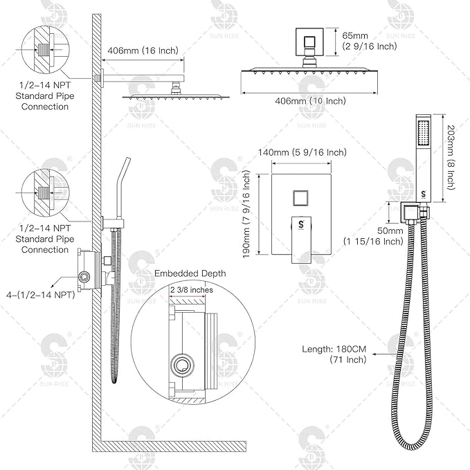 SR SUN RISE ORB Square Rainfall Shower Head and Handle Set, Wall Mounted Shower Fixtures, Metal Shower Faucet Trim Repair Kits (With Shower Valve) 10 Inches