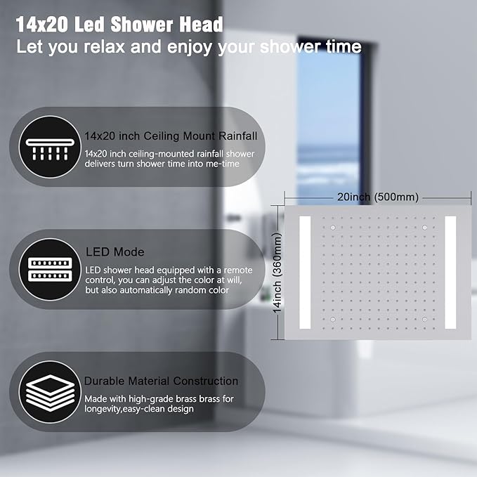 Thermostatic Shower System with 14x20 Inch Ceiling Mount LED Head & 6 Inch Wall Head and Handheld Shower 4 Function Vale with body jets Can All Run Together,Brushed Nickel
