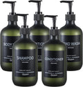 Plastic Refillable Shampoo and Conditioner Bottles with Pumps and Labels (5-Pack, Green)