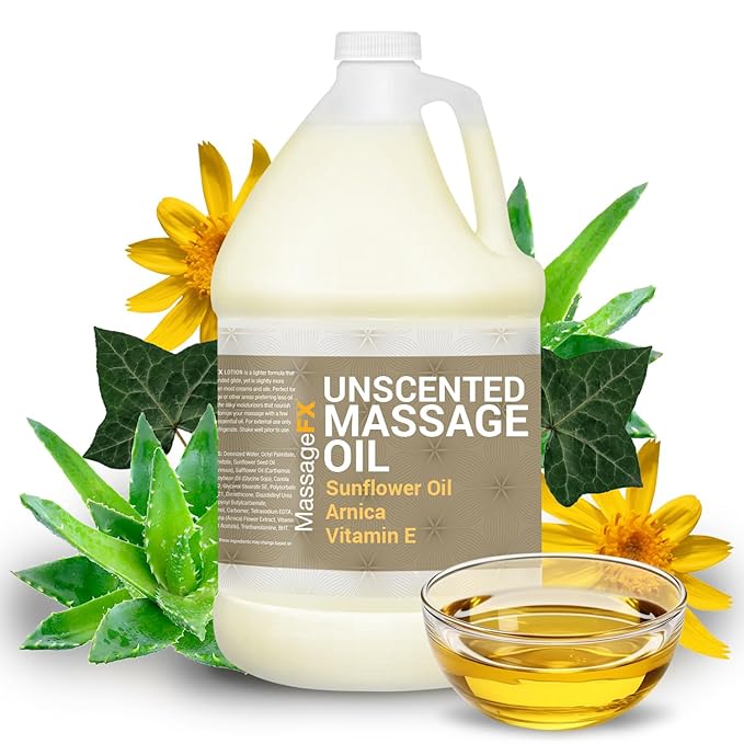 Massage Oil by Massage FX - 100% Pure Sweet Almond & Sunflower Seed Oil - Vitamin E - Ivy, Arnica & Aloe - Unscented - Perfect for a Full Body Massage, Maximum Friction - Paraben Free - 1 Gallon