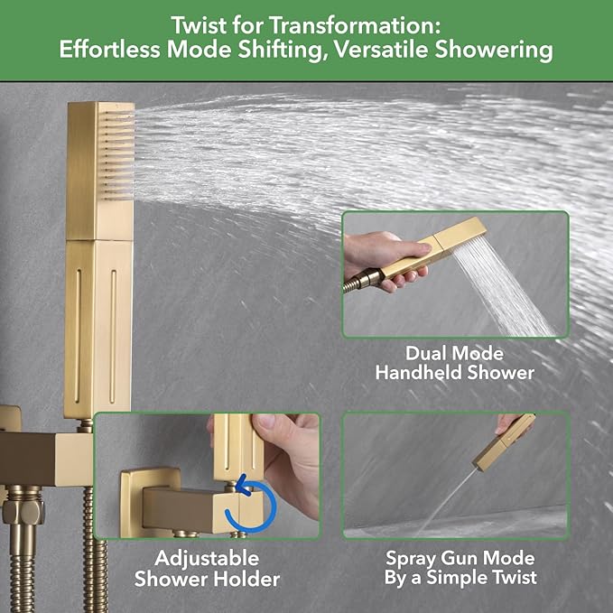 VANFOXLE Shower Faucet Set Brushed Gold Shower System,Push Button Diverter Shower Faucet with 2 in 1 Handheld,Ceiling Mount Increased Thickness 12 Inch Shower Head with 6 Inch Wall Mount Shower Head