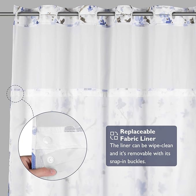 Lagute SnapHook Hook Free Shower Curtain with Snap-in Liner & See Through Top Window | Hotel Grade, Machine Washable | 71Wx74L, Blue Blossom
