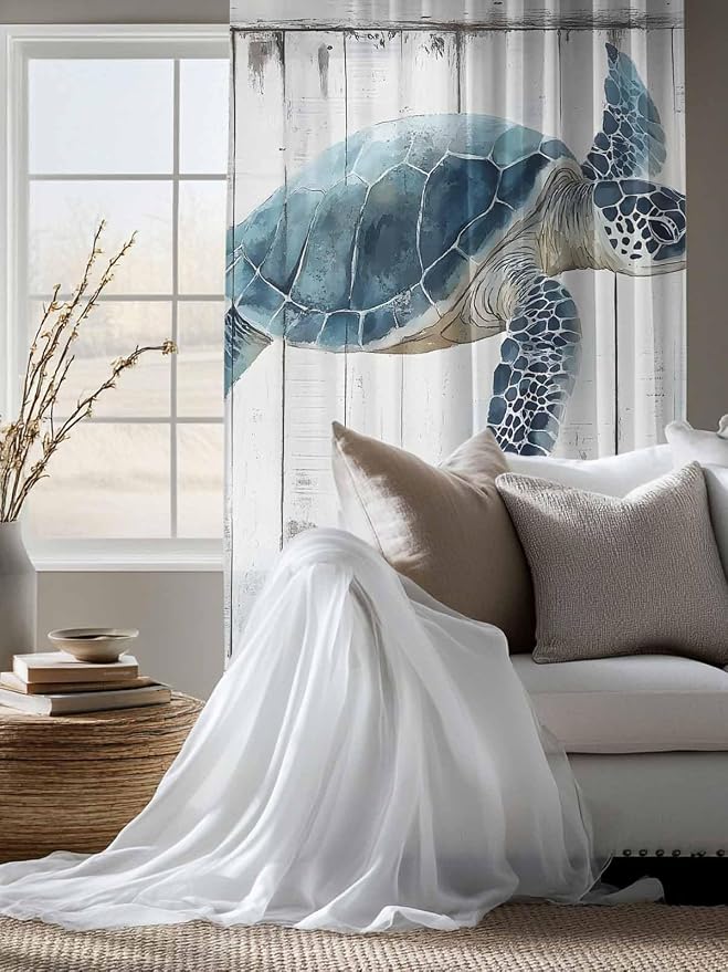 Sheer Curtains 72 Inches Long, Sea Turtle Teal Blue Semi Sheer Curtains Light - Image 4