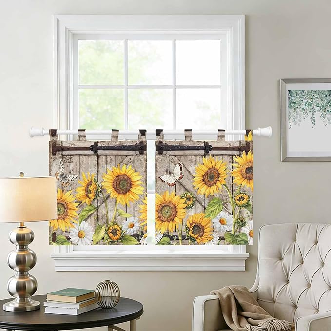 Farmhouse Sunflowers Kitchen Curtains 36 Inch Length, Small Window Curtains Tab - Image 2