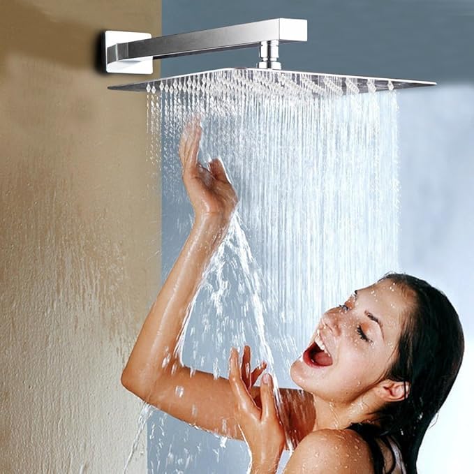 Voolan 16" Square Shower Arm with Flange and Teflon Tape, Extension Shower Head Arm for Bathroom Fixed Shower Head, Solid Stainless Steel, Wall Mounted (Brushed Nickel)