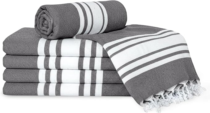 Turkish Cotton Beach Towel Pack of 6 & 1 Boho Tote Bag - Hammam Towels - No Shrink - Quick Dry - Lightweight - Sand Free - Camping - Pool - Tanning - Beach Essentials - Gray (40"x70")