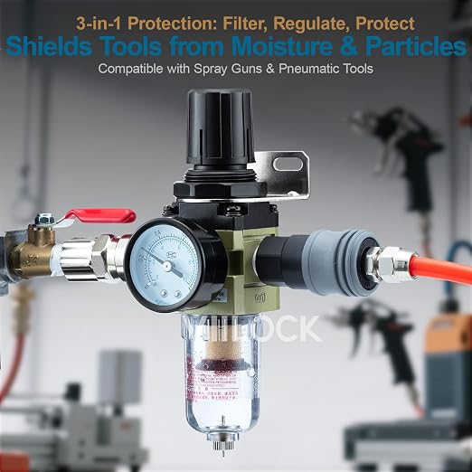 1/4" NPT Air Compressor Filter Regulator Combo, Water Separator Air Pressure - Image 2