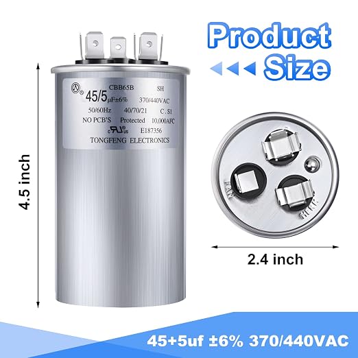 Frienda 2 Pcs 45+5 MFD 45/5 uf ±6% 370V or 440V VAC Dual Run Round Capacitor - Image 2