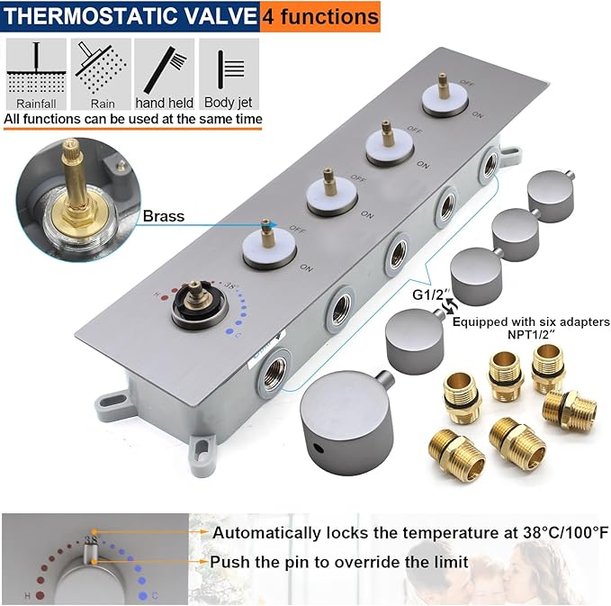 Thermostatic Shower System with 14x20 Inch Ceiling Mount LED Head & 6 Inch Wall Head and Handheld Shower 4 Function Vale with body jets Can All Run Together,Brushed Nickel