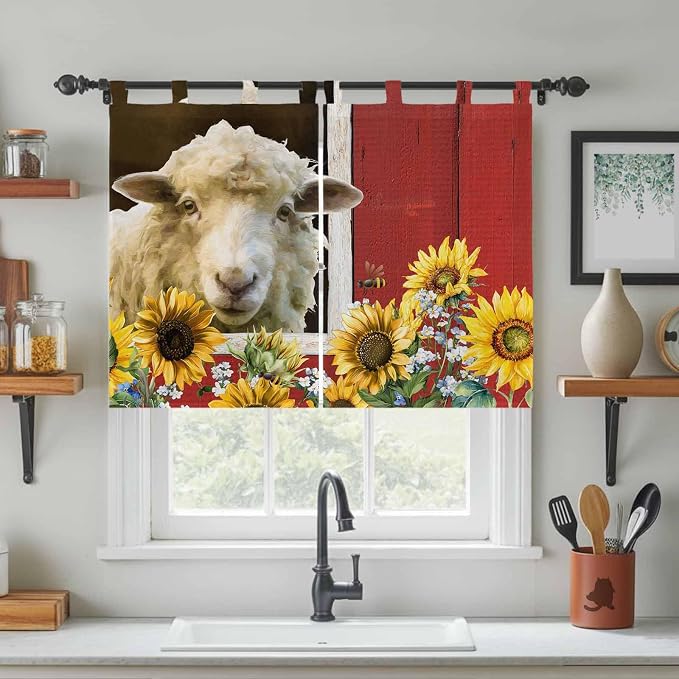 Sheep Flowers Kitchen Curtains 45 Inch Length, Short Cafe Window Curtains Tab - Image 3