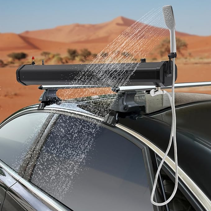 TFCFL 7.93 Gallon Roof Rack Mount Road Shower, High Pressure Outdoor Camping Shower with Long Hose, Portable Camping Solar Shower for Camping, Hiking, Beach, Pet & Gear Cleaning, Black