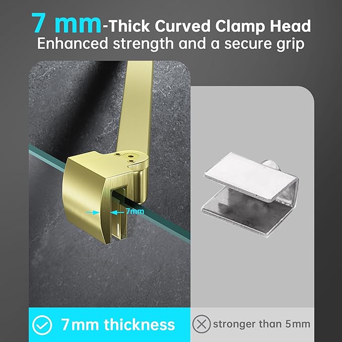 Frameless Shower Door Support Bar, Stainless Steel Wall-to-Glass Support Arm to Fixed Shower Glass Panel, for 1/4"-3/8" (6-10 mm) Door, 180° Pivot & Stow-Flat Mode (Brushed Gold, 19.7-inch(500mm))