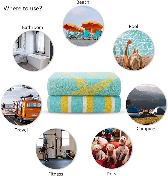CASA COPENHAGEN Miami Bath Towels Designed in Denmark Rough and Tough, Quick Dry, for Pool, Bath & Shower 30"x60", 2 Pieces Cotton Beach Towels Set - Star Fish Teal + Yellow Stripe