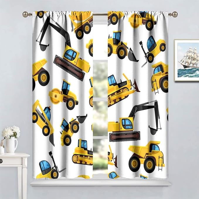 Kids Construction Equipment Window Curtains, Excavator Tractor Tow Truck Rod - Image 2