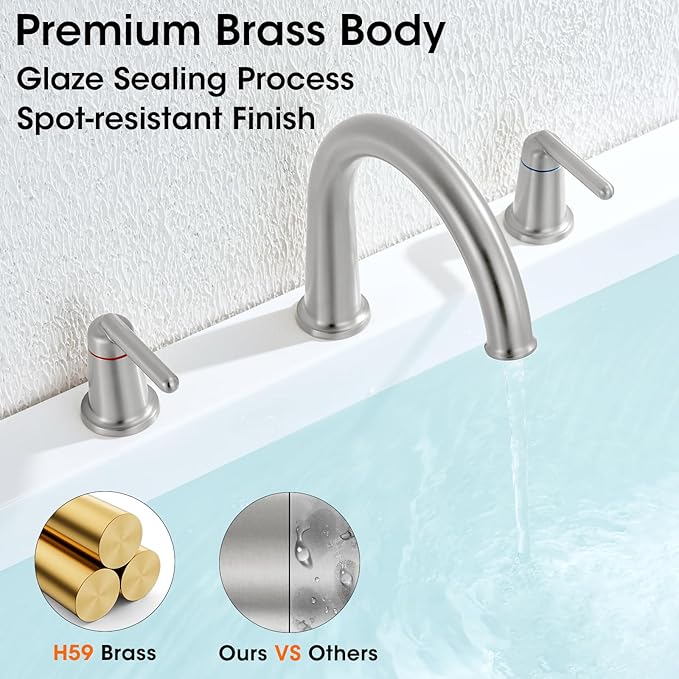 Roman Bathtub Faucet 2-Handle Tub Filler with Valve Widespread Deck Mounted High Flow Tub Faucet Set Brushed Nickel