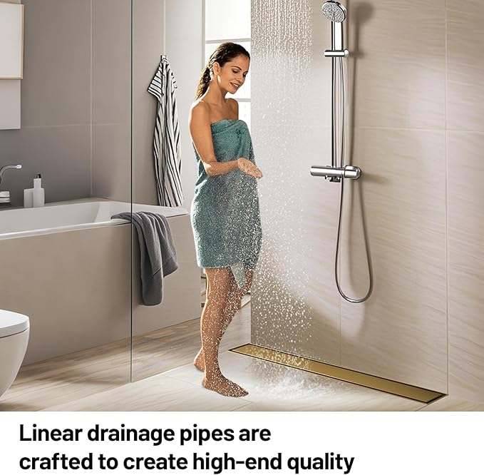 Linear Shower Drain, 304 Stainless Steel with Adjustable Leveling Feet, Hair Strainer,Reversely Install Place to Create an Invisible Floor Drain - Gold -12-Inch