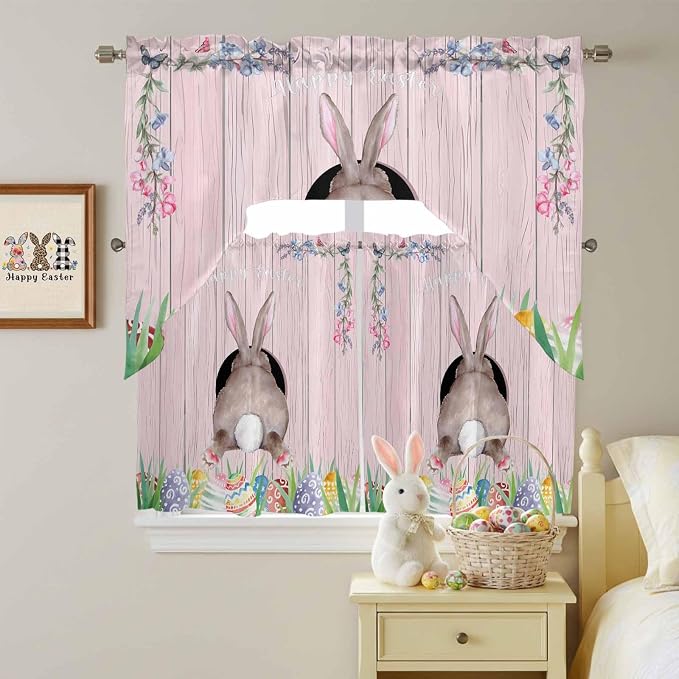 Swag Valance Curtains, Easter Cute Rabbit and Colorful Eggs Rod Pocket Valances by Chees+D+Zone