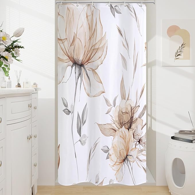 Small Stall Boho Watercolor Floral Shower Curtain 36 x 72, Brown and Grey Ink Painting Style Flower Shower Curtains for Chic Elegant Bathroom, Tan Artistic Narrow Half Size Shower Curtain