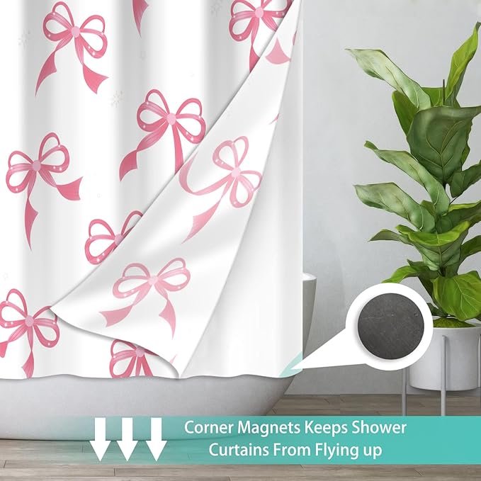 Cute Pink Bow No Hook Shower Curtain Set with Snap in Fabric Liner for Bathroom,with See Through Top Window,Double Shower Curtain with Detachable Liner Replacement,Machine Washable,71"x 74"