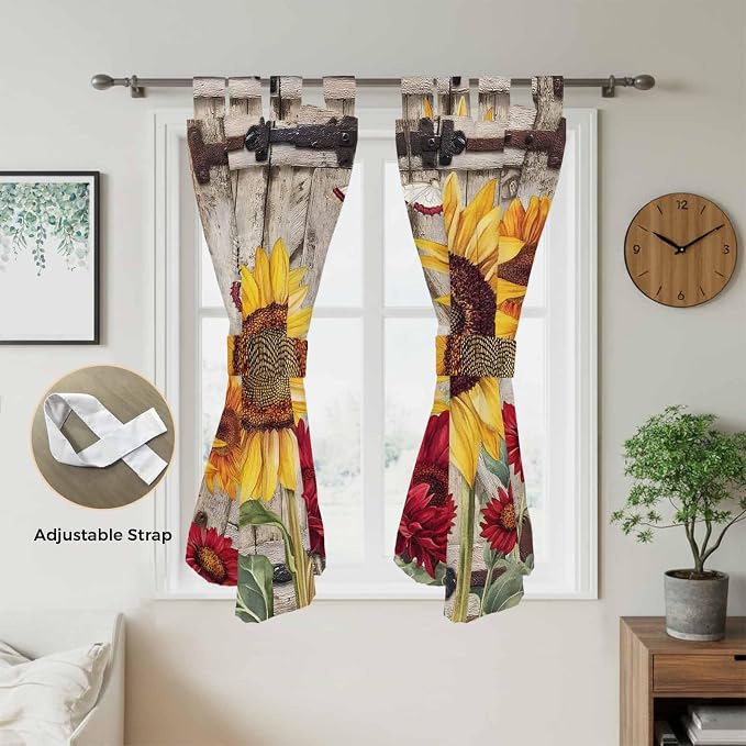 Sunflowers Bathroom Curtains 63 Inch Length, Window Curtains Tab Top, Retro - Image 5