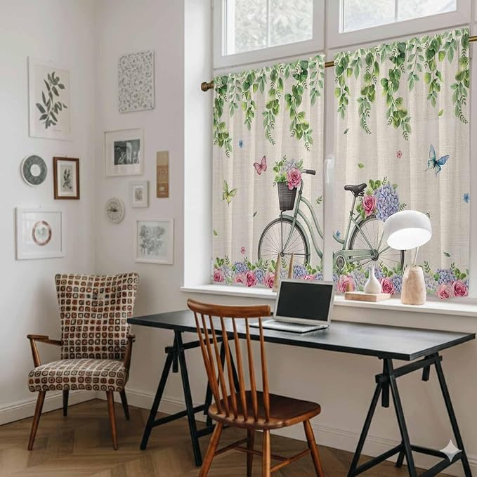 Farmhouse Spring Tier Curtains, Retro Bicycles Flowers Vines Butterfly Light - Image 6