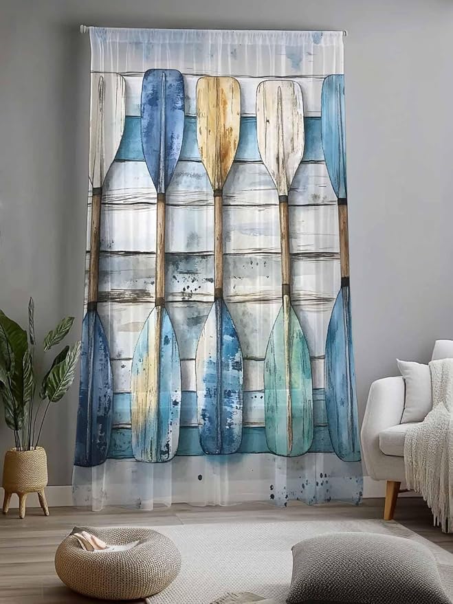 Sheer Curtains 84 Inches Long, Lake Paddle Striped Semi Sheer Curtains Light - Image 2