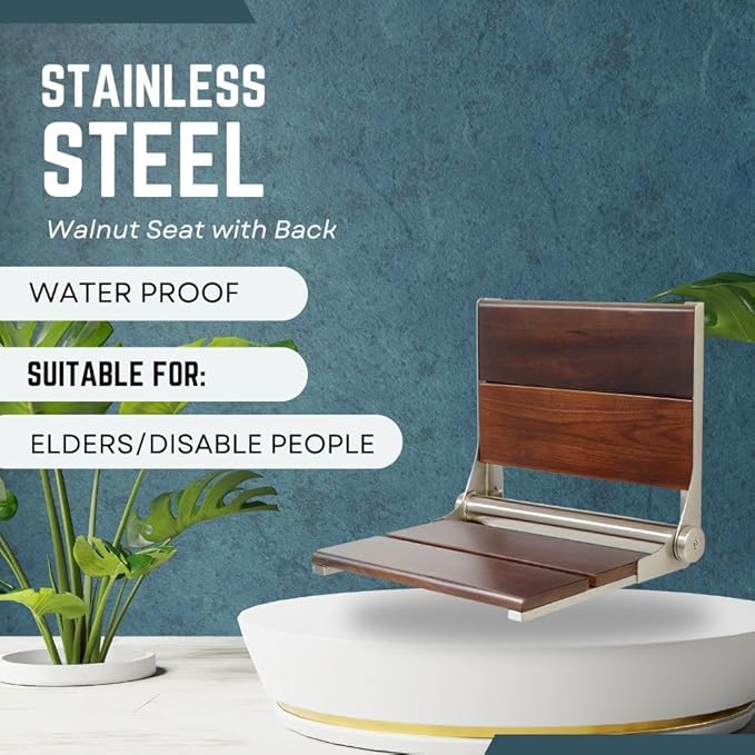 Folding Shower Seat Wall Mounted with Back | 500 lbs Maximum Load Capacity | ADA Compliant Safety Assist Teak Shower Seat for Seniors, Handicapped, and Children | 304 Stainless Steel Frame | 18” x 16”