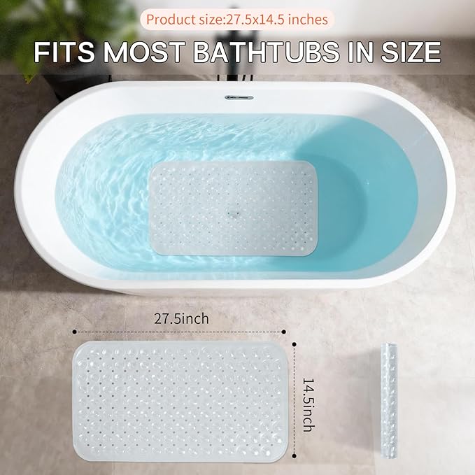 Anti-Slip Bathtub Shower mat, 27.5×14.5（Approximately 70×37cm） inch Soft Oversized Machine Washable Non-Slip Bathtub mat with Drainage Holes, Bathroom Floor Suction Cup.（1-Clear White）