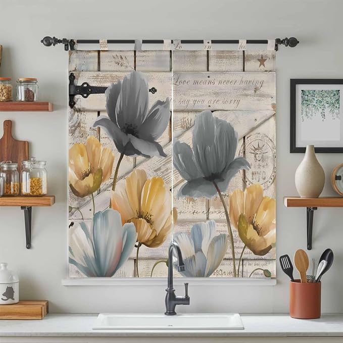 Spring Tulips Flower Bathroom Curtains 63 Inch Length, Window Curtains Tab Top - Image 3