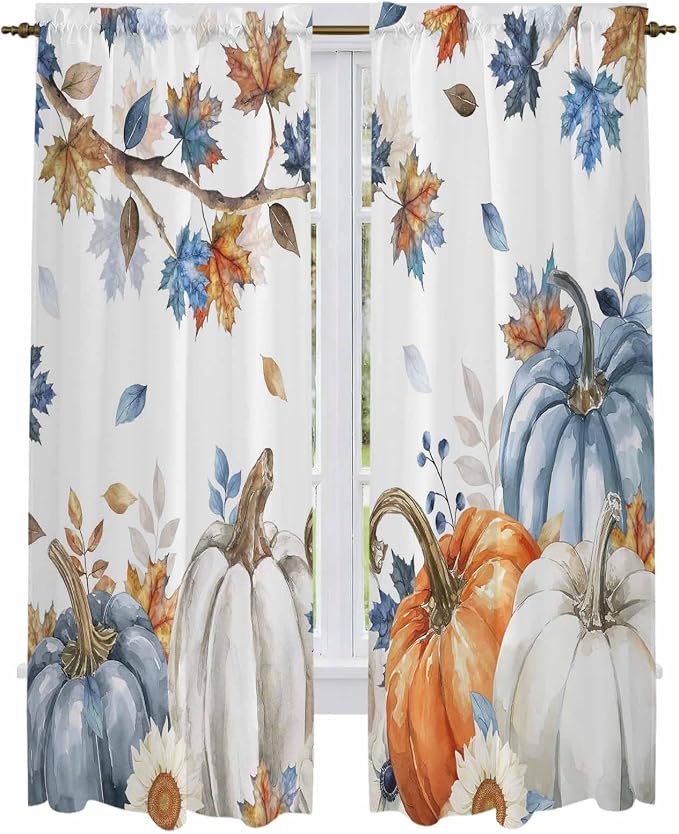 Navy Blue Pumpkin Fall Window Curtains 72 Inch Long 2 Panel Set, Rod Pocket - Image 2