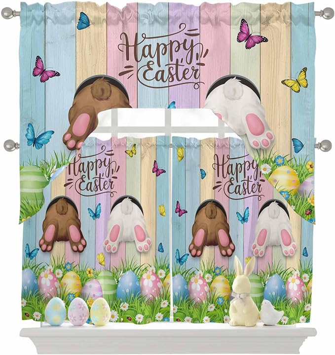 Swag Valance Curtains, Happy Easter Rabbit Butt Egg on Daisy Leaf Rod Pocket - Image 9