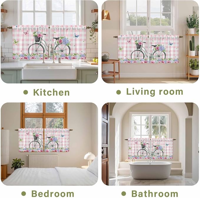 Spring Tier Curtains, Bicycles Leaves Butterfly Flowers Pink Buffalo Plaid - Image 8